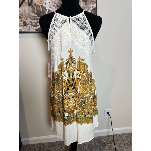 Indigo Rose Pretty Paisley Golden Cream Halter Crochet Lace Slip Dress S - Picture 1 of 12
